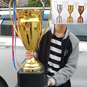 Large gold, silver and bronze trophies