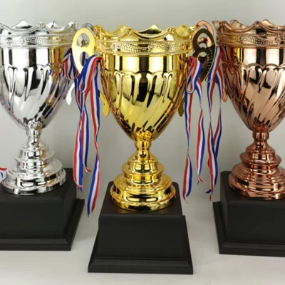 Large metal trophy with wooden base2